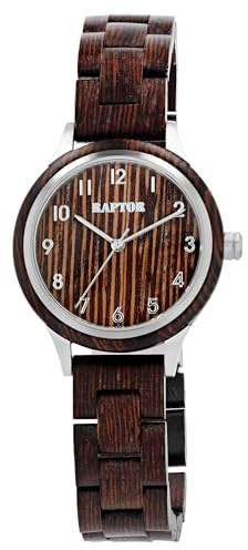 Raptor Damen Armbanduhr Analog in Braun, Gesamtlänge 23.5 cm, Wenge Holzarmband – Spritzwassergeschützt