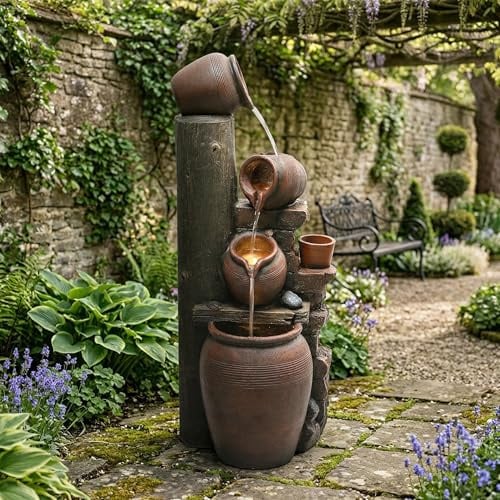Gartenbrunnen mit LED-Beleuchtung, Wasserpumpe, Kunststein-Außenverkleidung und Zierbecken, Zimmerbrunnen, Wasserspiel für Garten und Terrasse, 42x38x99 cm (Braun-A)