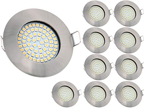 vislux LED Einbaustrahler 230V - 58mm - 70mm - Edelstahlgebürstete Einbauspots Badezimmer- Energiesparende warmweiße Einbauleuchten - 3,5W 330lm 3000K - (10er Set) - (Matt-Chrom)