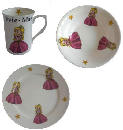 Personalised WITH ANY NAME BONE CHINA PRINCESS BREAKFAST SET- 8 INCH PLATE, MUG, AND OATMEAL BOWL- HAND DECORATED- PERSONALISED TO ORDER