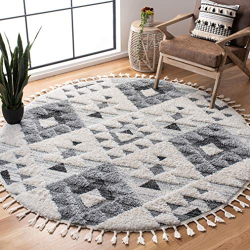 SAFAVIEH marokkanischer Quasten-Teppich MTS688F, Boho-Stil, fusselfrei, für Wohnzimmer, Schlafzimmer, Esszimmer, Eingangsbereich, Plüsch, 5,1 cm dick, 17,8 x 180 cm, rund, Elfenbein/Grau