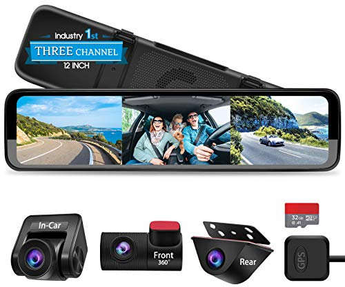 PORMIDO Espejo Dash CAM de con Cámara Frontal Separado y Cámara para El Coche, Impermeable Retrovisor con Camara,12 Pulgadas 1296P HD Full Pantalla Táctil,Visión Nocturna,GPS,Asistencia para Aparcar