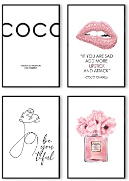 Postertech® Premium Poster Set | 4 Bilder als stilvolle Wanddeko | 4X DIN A4 | Girly Set Coco Lippe Bücher in weiss rosa pink (Ohne Bilderrahmen)