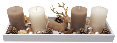 ZauberDeko Adventsgesteck Weihnachten Deko Tablett Holz Weiß Nougat Beige Creme Kerzen Tischdeko 40cm