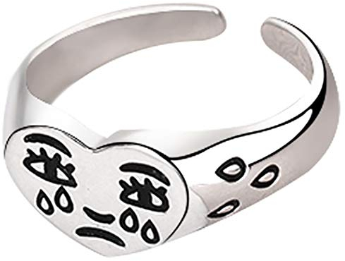 Wedity Ring mit weinendem Gesicht, lustiges Cartoon-Silber, verstellbar, Herz, Schmuck für Frauen und Mädchen