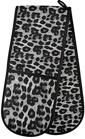 Animal Print, Black White Leopard Skin Texture, Black White Dots Double Oven Mitt Gloves Extra Long Potholder High Heat Resistant for Baking Cooking Baking Grilling Handling Hots Pans 35x7