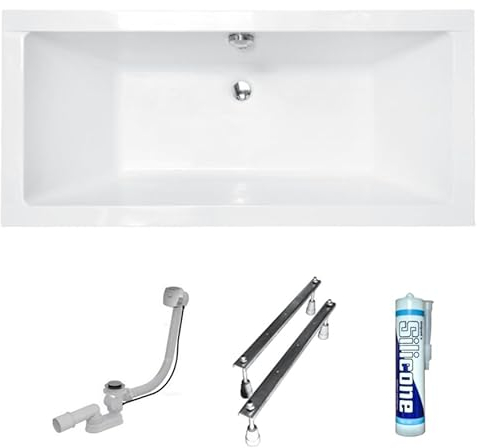 ECOLAM® Badewanne Wanne Rechteck Quadro Design Acryl weiß 170x75 cm + Ablaufgarnitur Ab- und Überlauf Automatik Füße Silikon Komplett-Set, Rechteckbadewanne für zwei