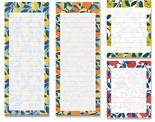 Magnetic Notepads for Refrigerator, 4-Pack Grocery List Magnet Pad for Fridge, to-Do List, Reminders, Scratch Pads, Fruit Designs, 60 Sheets Per Pad