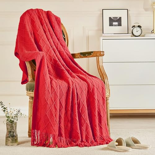inhand Überwurfdecke für Couch, weich, Wohnzimmer, Heimdekoration, Strickdecke, Outdoor, leicht, atmungsaktiv, Sommerdecke, Bauernhaus, warm, gewebt, dekorativ, 152,4 x 203,2 cm, Rot