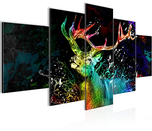 Runa Art - Bilder Hirsch 200 x 100 cm 5 Teilig XXL Wanddekoration Design Schwarz Bunt 042751a
