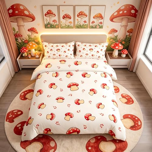 Mushroom Decor Duvet Cover Cute Mushrooms Bedding Set for Kids Boys Girls Teens Kawaii Cartoon Fungus Botanical Plants Decor Comforter Cover Red White Bedspread Cover with 1 Pillow Sham,Single Size