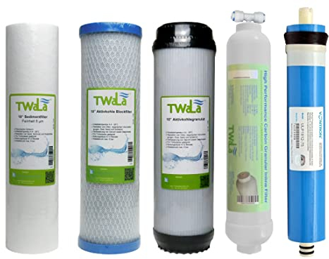 TWaLa Marken Osmose Ersatzfilter Set 10 Zoll mit Membrane 75 GPD (3 Vorfilter Granulat + Membrane + Nachfilter)