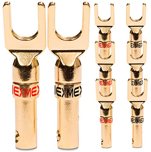 Kabelschuhe NEXMEX High End 8X Stecker für Lautsprecherkabel Gabelschuhe Steckverbinder für Kabel bis 6mm² 24K vergoldet löt- oder schraubbar Flexibler Anschluss für HiFi-Boxen Verstärker Endstufen