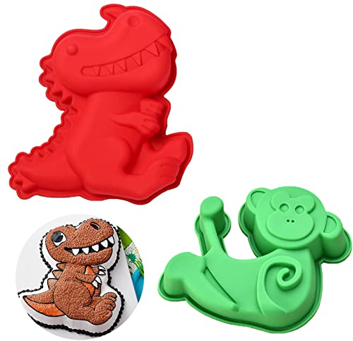 XIONGXIAOZHI Backform Dinosaurier Dinosaurier Affe Kuchenbackform 3D Dinosaurier Kuchenform Silikon Kuchenform Kindergeburtstag Silikonform DIY Backform für Party Geburtstage (2 Stück)