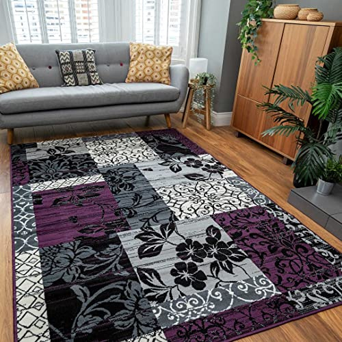 Modern Floral Patchwork Grey Durable Living Room Area Rug Stain Resistant Purple Oriental Classic Bedroom Entrance Carpet Mat Rugs 120cm x 170cm