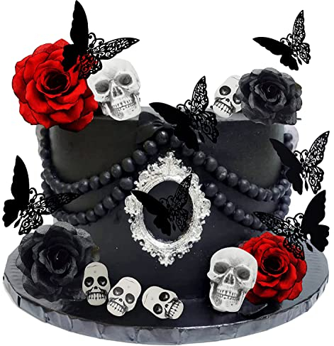 GallaRato Gothic Rose Skull Cake Topper, Black Butterfly Cake Topper, 21pcs Cake Decoration, Till Death Do Us Part, for Birthday, Wedding, Halloween Party