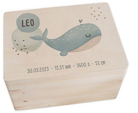 hellomini Personalisierte Erinnerungsbox Baby - Erinnerungskiste mit Namen aus Holz - Geschenk zur Geburt für Mädchen & Jungen - Babygeschenke (Wal, L: 40x30x23cm)