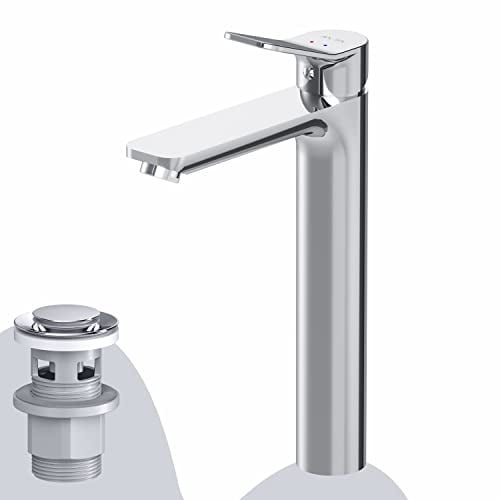 AM.PM X-Joy - Einhebel-Waschtischarmatur Hoch, kratzfester Wasserhahn, Waschbeckenarmatur, leicht zu reinigen, für Aufsatzwaschtisch geeignet, Auslaufhöhe 231mm, Chrom