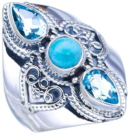 StarGems Natural Larimar Blautopas Handgefertigter Ring aus 925er Sterlingsilber 63 (20.5) F2784