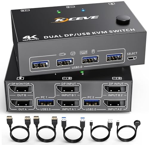 DP KVM Switch Zwei Monitore, KCEVE 2 Computer 2 Monitore Displayport USB 3.0 KVM Umschalter, Unterstützt 4K@60Hz für 2 Computer, die Tastatur, Maus und Monitor teilen