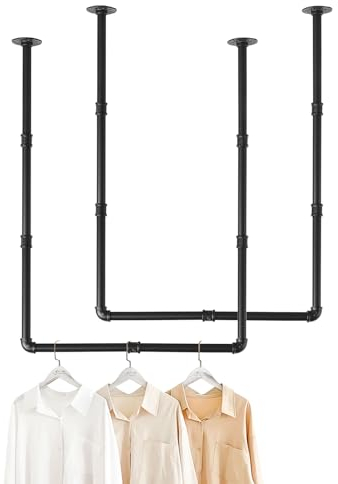 YheenLf Kleiderstangen Industrie Design, Zwei Befestigungsmöglichkeiten, Kleiderstange Wandmontage 180cm, Garderobenstange Deckenmontage 69 x 90 cm, Leicht zu installieren, 2er Set, Schwarz