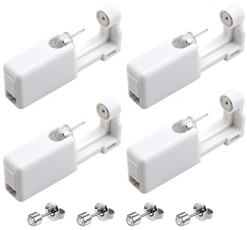 EODKSE 4pcs Set Ohrlochstechpistole, Mit weißem Kristallknopf für schmerzfreies Selbst-Piercing, Perforationszubehör, Sicheres Werkzeug für Mädchen, Frauen und Männer