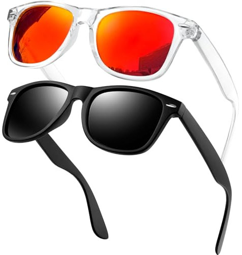KANASTAL Lunettes de Soleil Homme Femme Polarisées Retro, 2 Paires Lunettes de de Soleil Carrées Mode Vintage Classique UV400 pour Pêche Noir et Orange Transparent