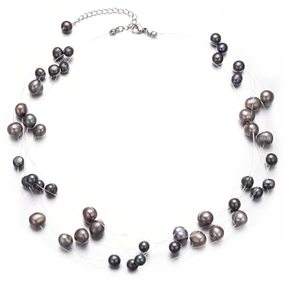 Aleasha Süßwasser Perlenkette Damen Mehrreihige Perlenkette Schwarz 5 Reihig Kurze Barocke Choker Hochzeits Boho Halskette Schmuck