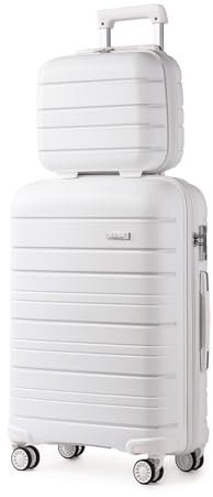 KONO Handgepäck-Set 2tlg Kleiner Kabinenkoffer mit Kosmetikkoffer Beautycase Polypropylen Trolley Koffer mit 4 Rollen und TSA Schloss(Weiß)