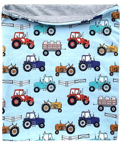 Wollhuhn Kinder Long Loop MAXI Halswärmer/Schlupf-Schal Extra Lang Jungen/Mädchen Viele Motive 20240201 (Baumwolljersey, Traktor/Trecker Mint)