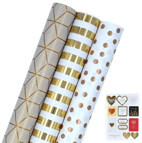 3 Rollen Geschenkpapier, 43 cm * 3 m lange Geburtstags-Geschenkpapierrolle mit weißen Punkten bedruckt, perfekt für Geburtstag, Weihnachten, Hochzeit, Babyparty, Party, Festgeschenkdekoration