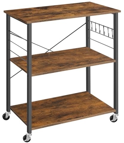 VASAGLE Estantería de Cocina con Ruedas, Carrito de Servicio de 3 Niveles, Estantería para Microondas, Horno, Tostadora, Marco de Metal con 6 Ganchos, Marrón Rústico y Negro KKS067K01