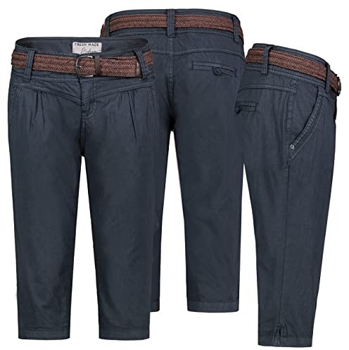 FRESH MADE Damen Short Bermuda 3/4 Hose Sommer Chino Stoff Hose mit Gürtel Capri, Hosengröße:S / 36, Farbe:Navy
