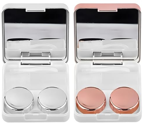 IBXWMNG Ensemble de 2 étuis à lentilles de Contact avec Miroir, Portable pour Voyage,boîte Pratique pour lentilles de Contact( Argent et Champagne)