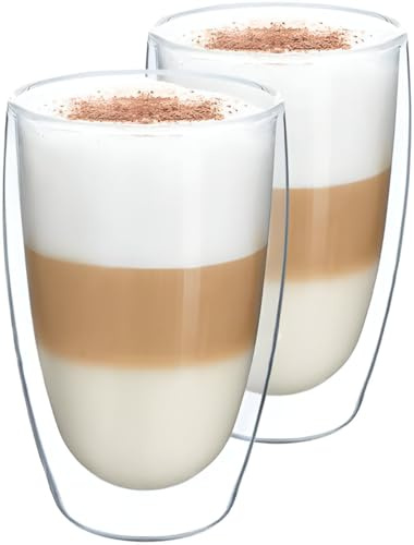 Hot&Cold Latte Macchiato Gläser Set 2x450ml, Doppelwandige Kaffeegläser aus Borosilikatglas, Qualitätsglas, Cappuccino Eiskaffee Tassen, Thermogläser, Teegläser, doppelwandig, isolierende Wirkung