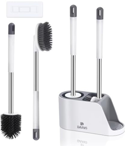 Toilet Brush with Ventilated Holder Silicone and Bristle Brushes for Toilet Cleaning Device with a Holder with Aluminum Handle