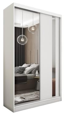 Margaret Hadas24 Kleiderschrank Gabo mit Spiegel, Organizer, Mehrzweckschrank, Schwebetürenschrank, Garderobenschrank, Kleiderstange, Kleiderständer, Flurschrank, Garderobe, Schrank, weiß, 120 cm