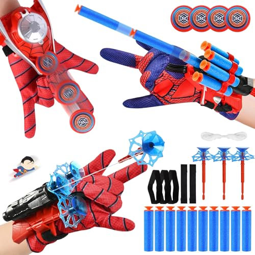 Launcher Handschuh, Spiderm Launcher Handschuh Super Spiderm Launcher Spiderm Hero Handschuhe mit Maske und Tattoo Cosplay Spiderm Handschuhe Requisiten Geschenk für Kinder Fans (F)