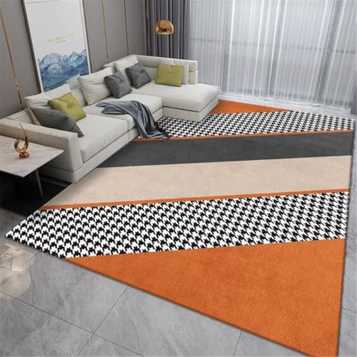 RUGMRZ Terrassenteppich Wetterfest Teppich Ornament orange grau geometrische Linien dekorative Rechtecke pflegeleicht Deko Tisch Wohnzimmer 80X150CM