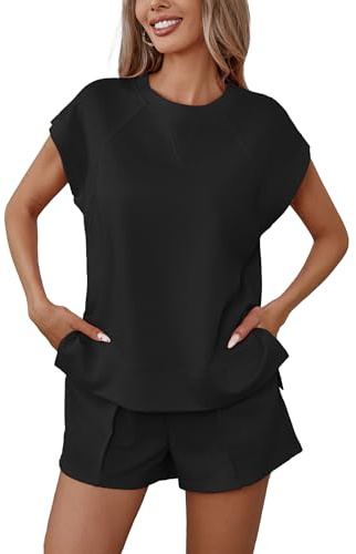 Famulily Crew Neck Womens Tracksuit Sets Short Sleeve Summer Loungewear Side Split Shirt and Pleated Seams Shorts with Pockets S-XL
