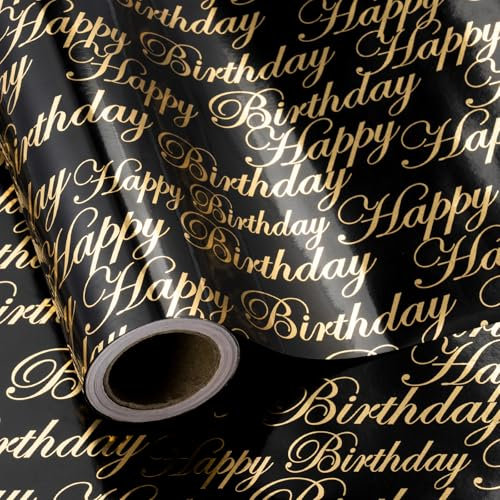 RUSPEPA Wendbares Geburtstagsgeschenkpapier von–Minirolle– 43,2 cm x 10 m – Happy Birthday-Schriftzug aus schwarzer und goldener Folie für Geburtstag, Feiertag, Party, Babyparty