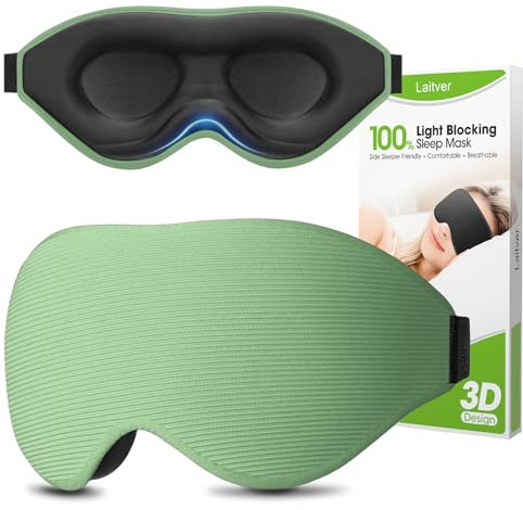 Laitver Schlafmaske für Seitenschläfer, 2025 Aktualisiertes Design 3D Lichtblockierend Augenmaske Frauen & Herren, Bequem & Atmungsaktive Druckfrei Schlafbrille mit Verstellbar Gummiband, Cyan