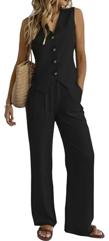 Fakanhui Conjunto de ropa de verano de 2 piezas para mujer, de lino, pantalones de pierna ancha, ropa de negocios, ocio, vacaciones, conjuntos de trabajo, Negro , M
