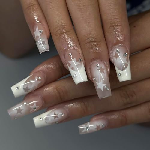 24pcs Long Coffin False Nails - White Edge Press on Nails with Star Design - Square Rhinestone Fake Nails with Glue in 12 Sizes - Reusable Glossy Full Cover Artificial Acrylic Nail for Women Girls