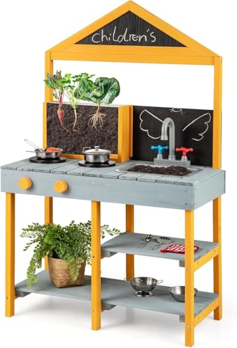 FANTASK Cocina de Barro para niños al Aire Libre, Cocina Infantil de Abeto con macetero, 2 pizarras de Tiza, Grifo y Lavabo (Azul)