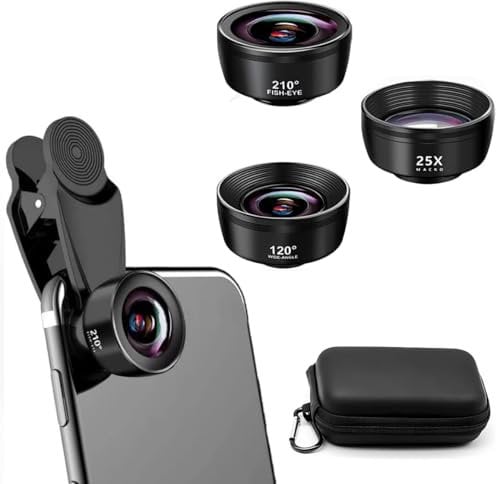 Auricase 3-in-1 Handy Kamera objektiv, Handy objektiv Set, 210° Fischaugenobjektiv, 120° Weitwinkel, 25X Makroobjektiv, Handy objektiv für die meisten Smartphones