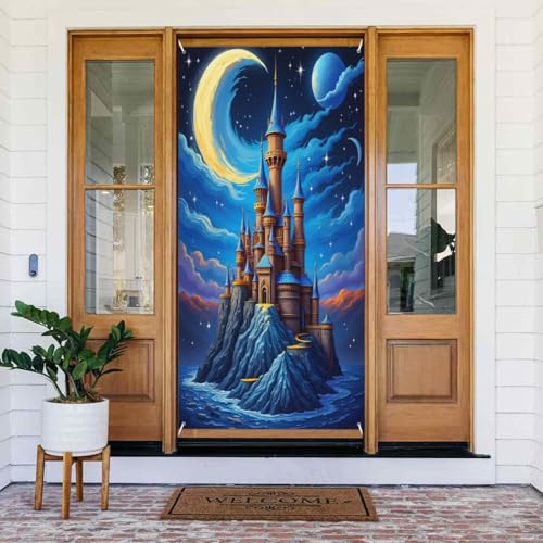 Türabdeckungen Dekorationen – Frühling Sommer Classic Castle Tan Print Nr. 42 Türbanner für Vorderseite, Winterherbstschild, Abdeckung, Banner, hängende Kulisse für Außen- und Innenabend