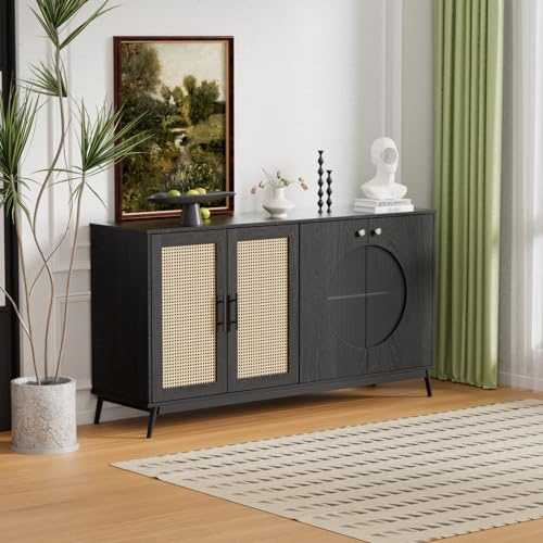 OLIVIBED Sideboard Rattan, Kommode mit 2 Rattantüren und Glastüren, Highboard mit Beine und Verstellbares Regal, Küchenschrank Holz für Schlafzimmer, Wohnräume und Büro, Schwarz, 150x40x80cm