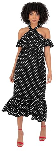 Lovedrobe Women's Midi Dress Ladies Halterneck Cold Shoulder Sleeve Ruffle Trim Polka Dot Tiered Bottom Hem A-line Keyhole Back, Black 8