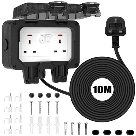 Double Outdoor Socket Waterproof 10M Extension Lead, IP66 13A 2 Gang | Weatherproof Outside Plug Socket with a Switched Wall Outlet and Storm Cover Box for Garden and Exterior Power Use, Black